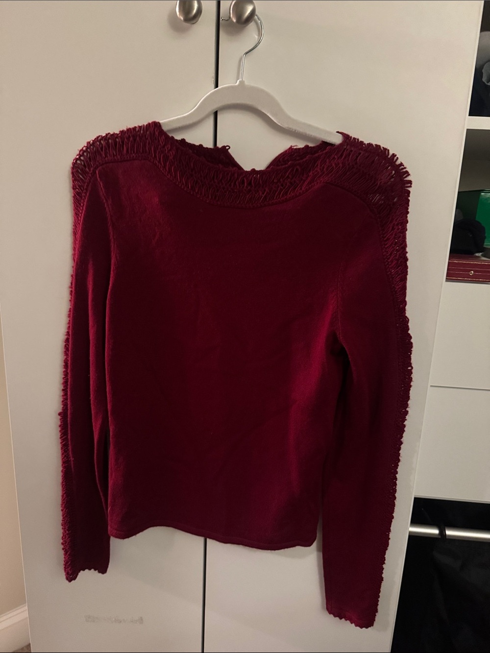 Elie Tahari Burgundy Fringe-Trim Knit Sweater